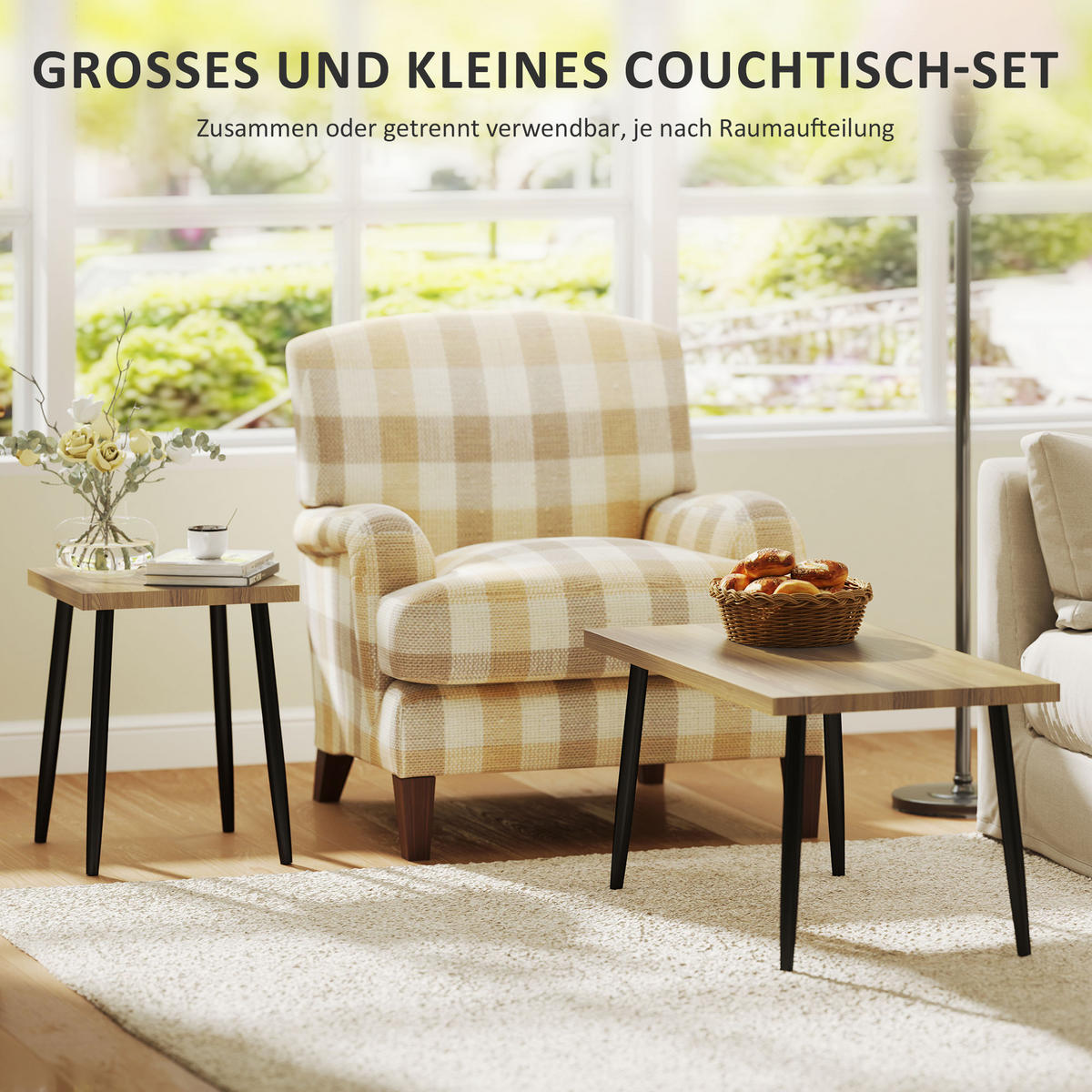 COUCHTISCH 2er Set Beistelltisch mit Stahlrahmen, für Wohnzimmer Natur - Naturfarben, Holzwerkstoff (90/50/45cm) - HOMCOM