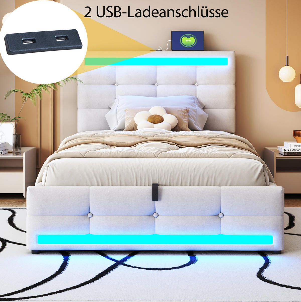 POLSTERBETT 90/200 cm mit RGB-LED, USB-Anschlüssen und verstellbarem Kopfteil, Beige - Beige, Textil (90/200cm) - Redom