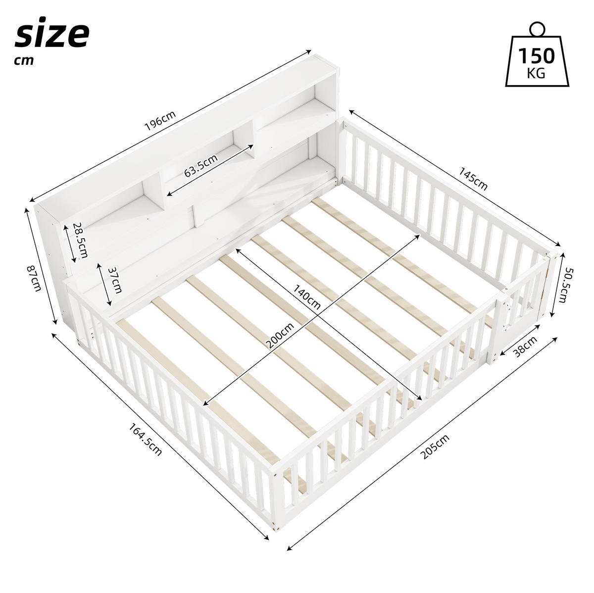 KINDERBETT 140/200 cm aus Kiefer mit Lattenrost, Ablagefächern und klappbarem Geländer, Weiß - Weiß, Holzwerkstoff (140/200cm) - Redom
