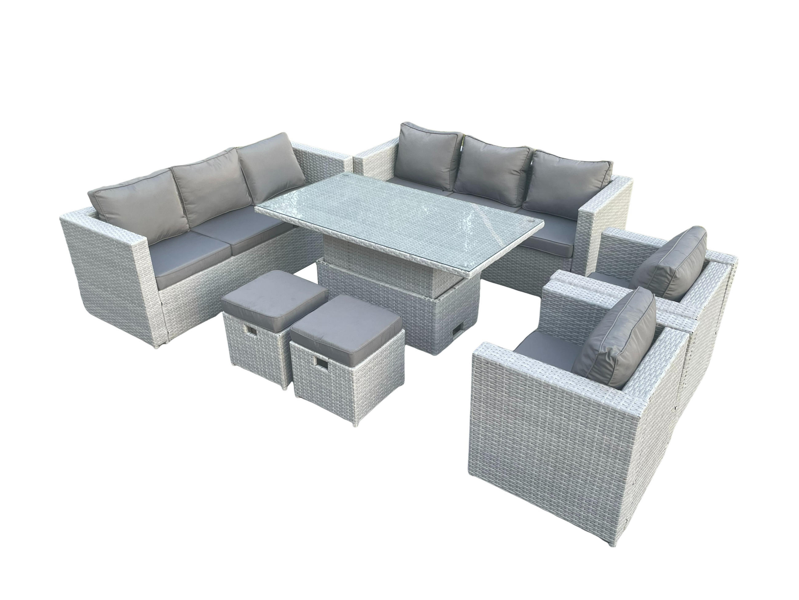 GARTENMÖBEL SET mit höhenverstellbarer Tisch Polyrattan Helles Grau 10-Sitzer - Hellgrau, Metall - Fimous
