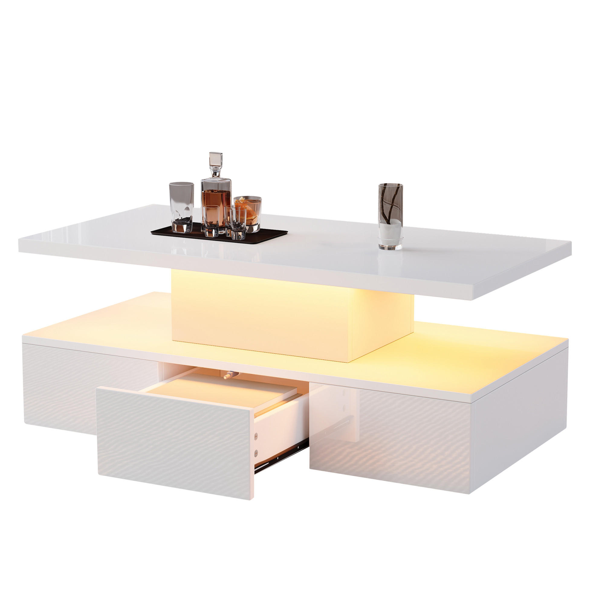 COUCHTISCH aus Spanplatte 100x50x39 cm Weiß mit LED-Beleuchtung, offener Ablage, Schublade und Hochglanzfront - Weiß, Holzwerkstoff (100/50/39cm) - Modfu