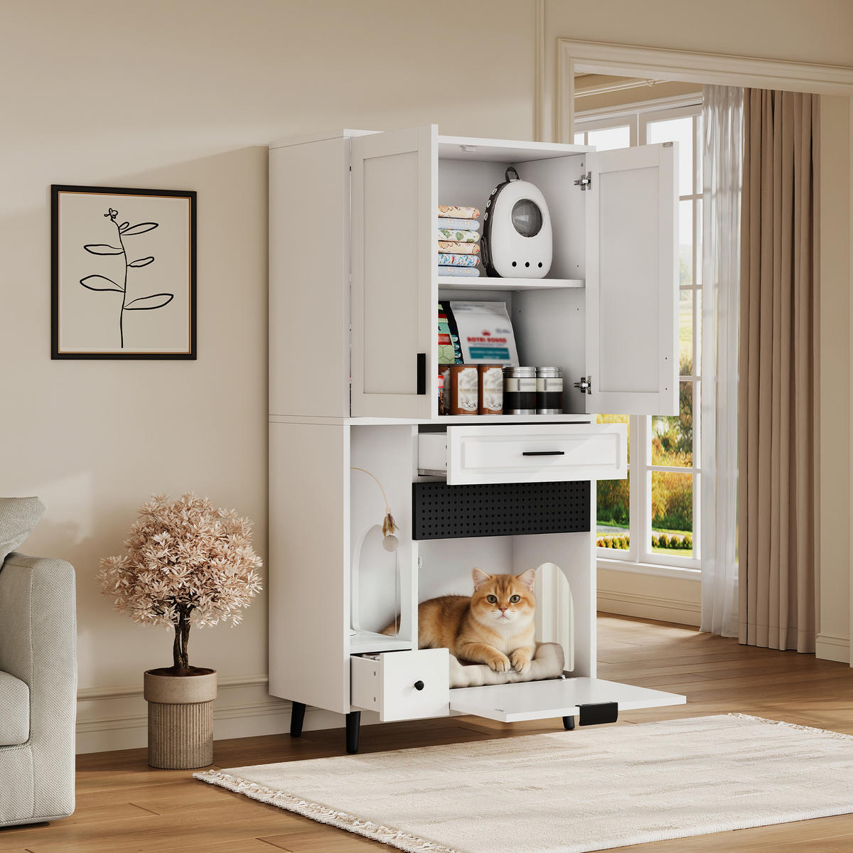 BUFFET Katzenmöbel Schrank MDF Katzenhaus Multifunktion Spielbereich verstellbare Böden Stauraum - Schwarz/Weiß, Holzwerkstoff/Metall (80/161/40cm) - EVRYAE