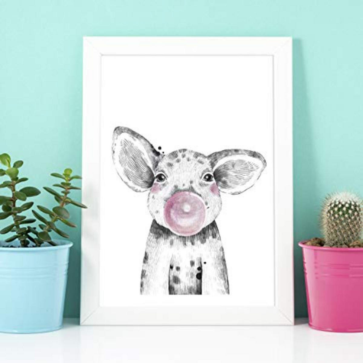 POSTER Set mit 4 Rundedanimals mit rosa Gummi A3 Schwarzer Rahmen - Schwarz, Papier (29.7/3cm) - Nacnic