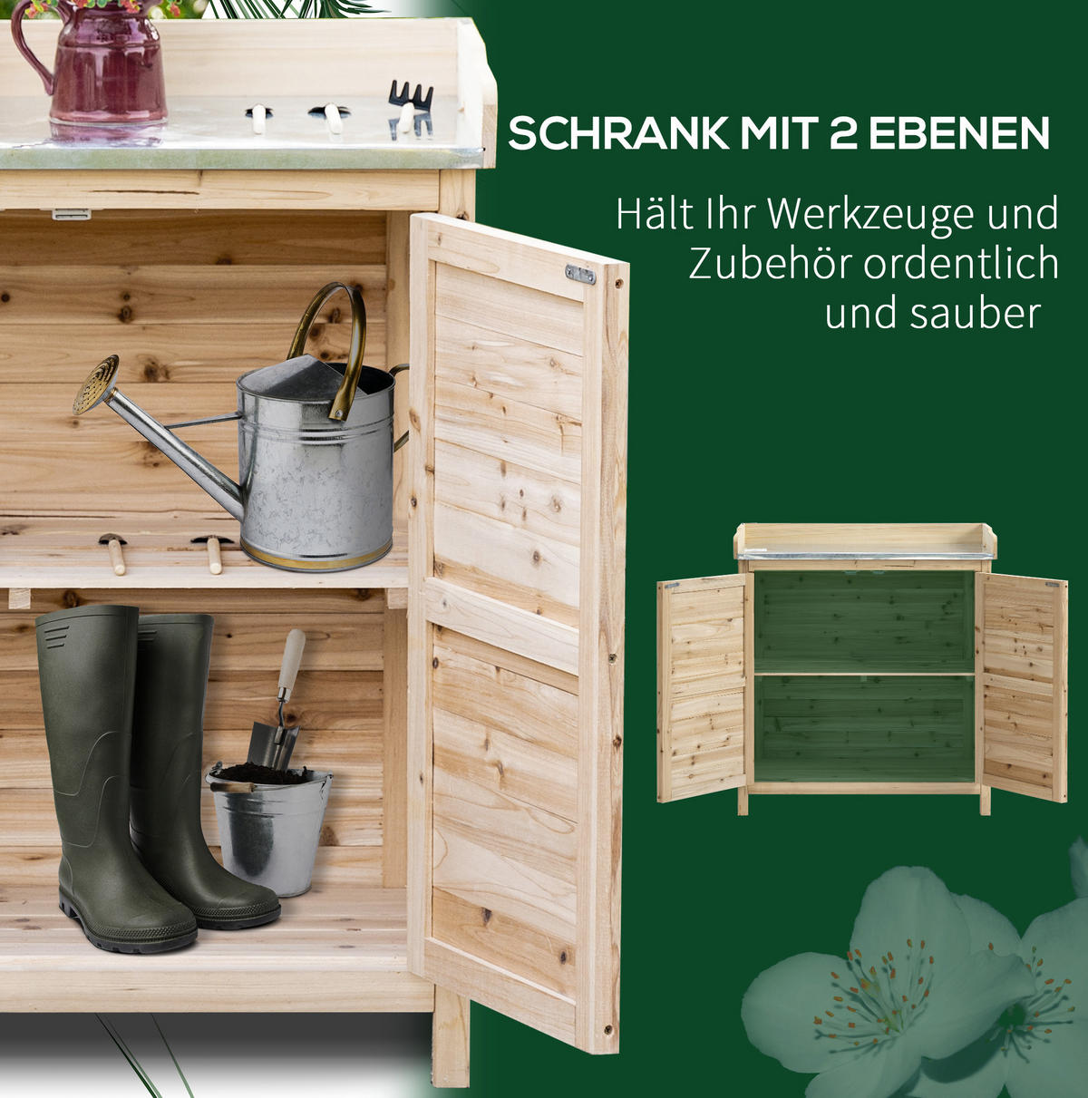 GARTENSCHRANK aus Massivholz 83x40x92 cm Natur mit Arbeitsplatte - Naturfarben, Holz (40/92/83cm) - Modfu