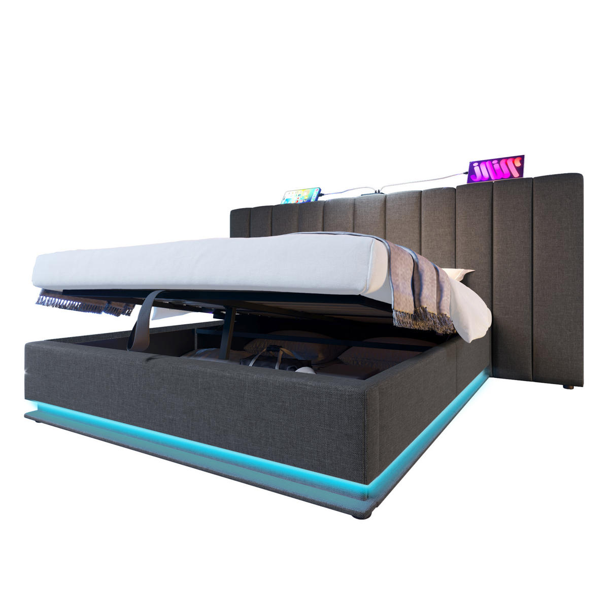 POLNJENA postelja iz lanu 160x200 cm siva z LED osvetlitvijo, USB-C priključkom in hidravličnim predalom - siva, tekstil (160/200cm) - Modfu