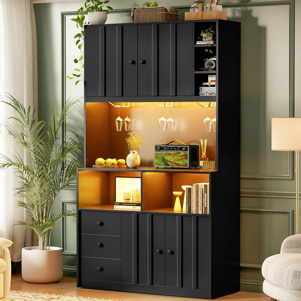 BUFFET 180 cm MDF Schwarz mit RGB-LED, Weinglashalter und Vitrine - Schwarz, Holzwerkstoff (40/180/100cm) - Korfee