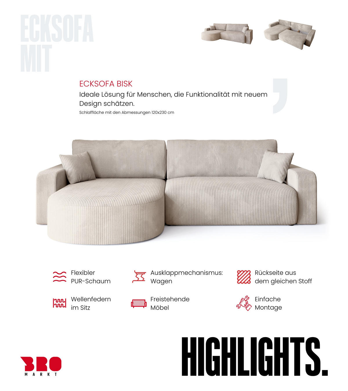 ECKSOFA Bisk mit Schlaffunktion Vanille Cordstoff - Creme, Textil (275/170cm) - Bromarkt