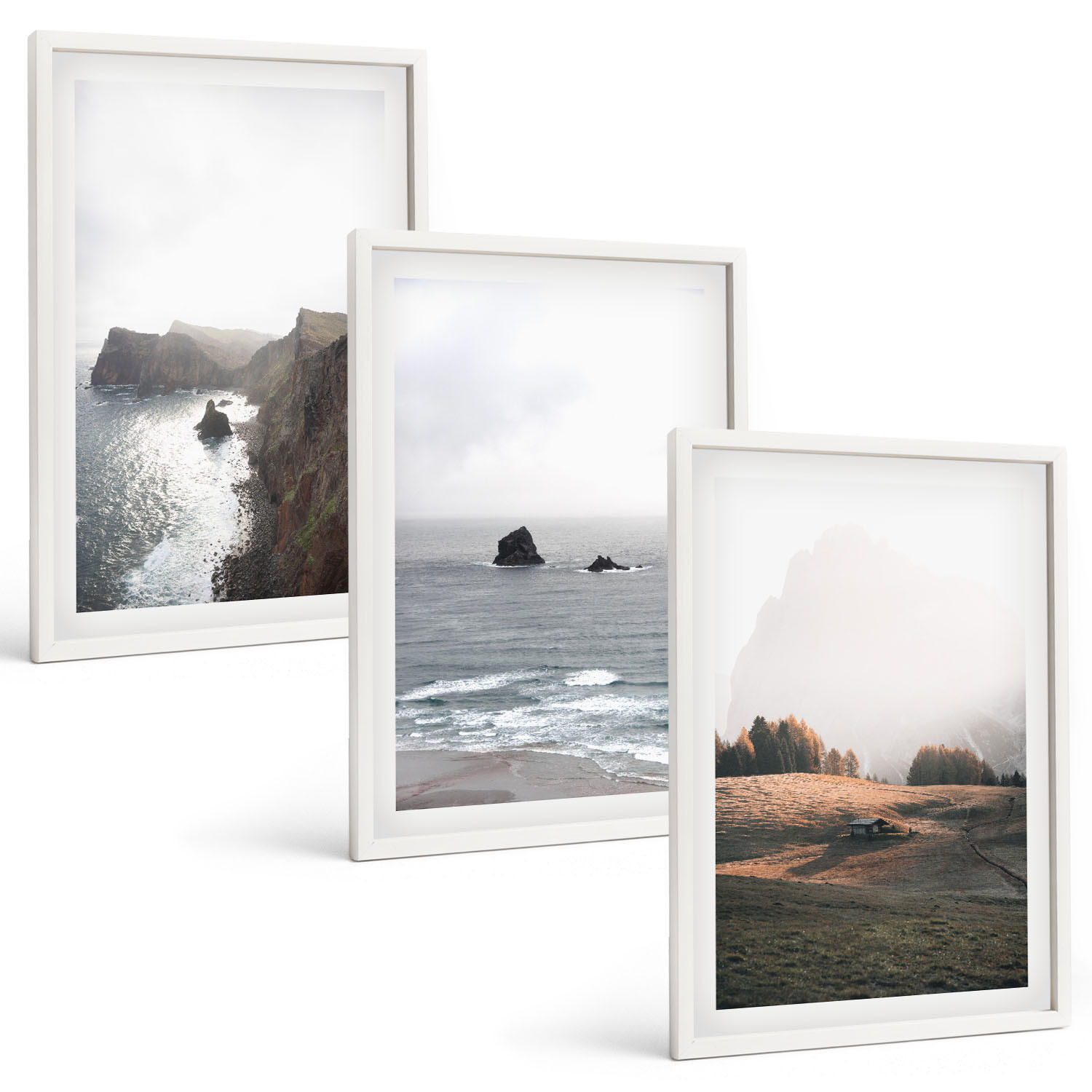 BILDER SET 3er Set - 40x60 cm Weißer Rahmen - Landschaften aus Bergen und Meer - Weiß, Kunststoff (40/60cm) - TULUP