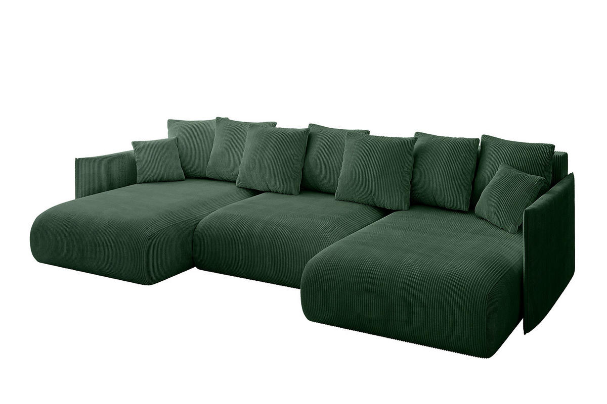 WOHNLANDSCHAFT mit Schlaffunktion und Bettkasten ONESK-U 317x177x72 Grün Cord - Grün, Holzwerkstoff/Kunststoff (317/72/177cm) - ALTDECOR