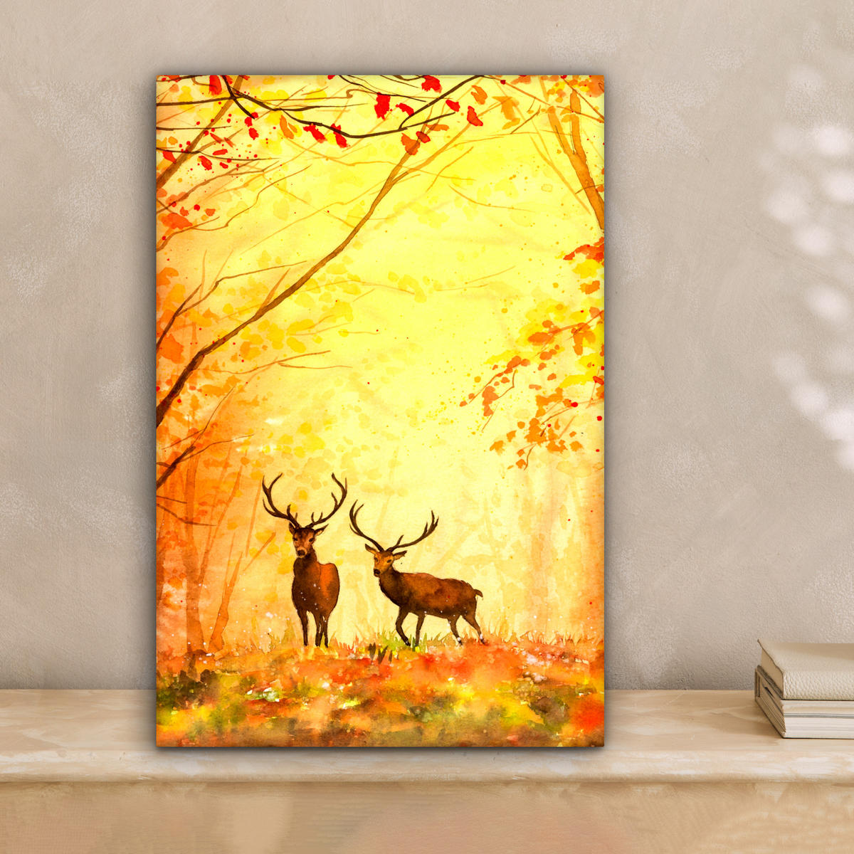 LEINWANDBILD Natur - Ölfarbe - Hirsche - Tiere - Herbst - Orange Deko Wohnzimmer 20x30 cm - Orange, Textil (20/30cm) - MuchoWow