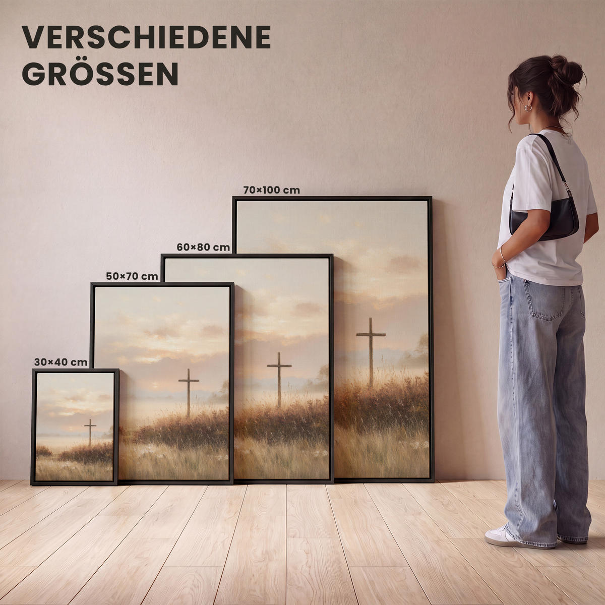 LEINWAND Bilder mit Rahmen - Gras - Morgennebel - Kreuz - Christentum - 30x40 - Beige, Textil (30/40cm) - MuchoWow