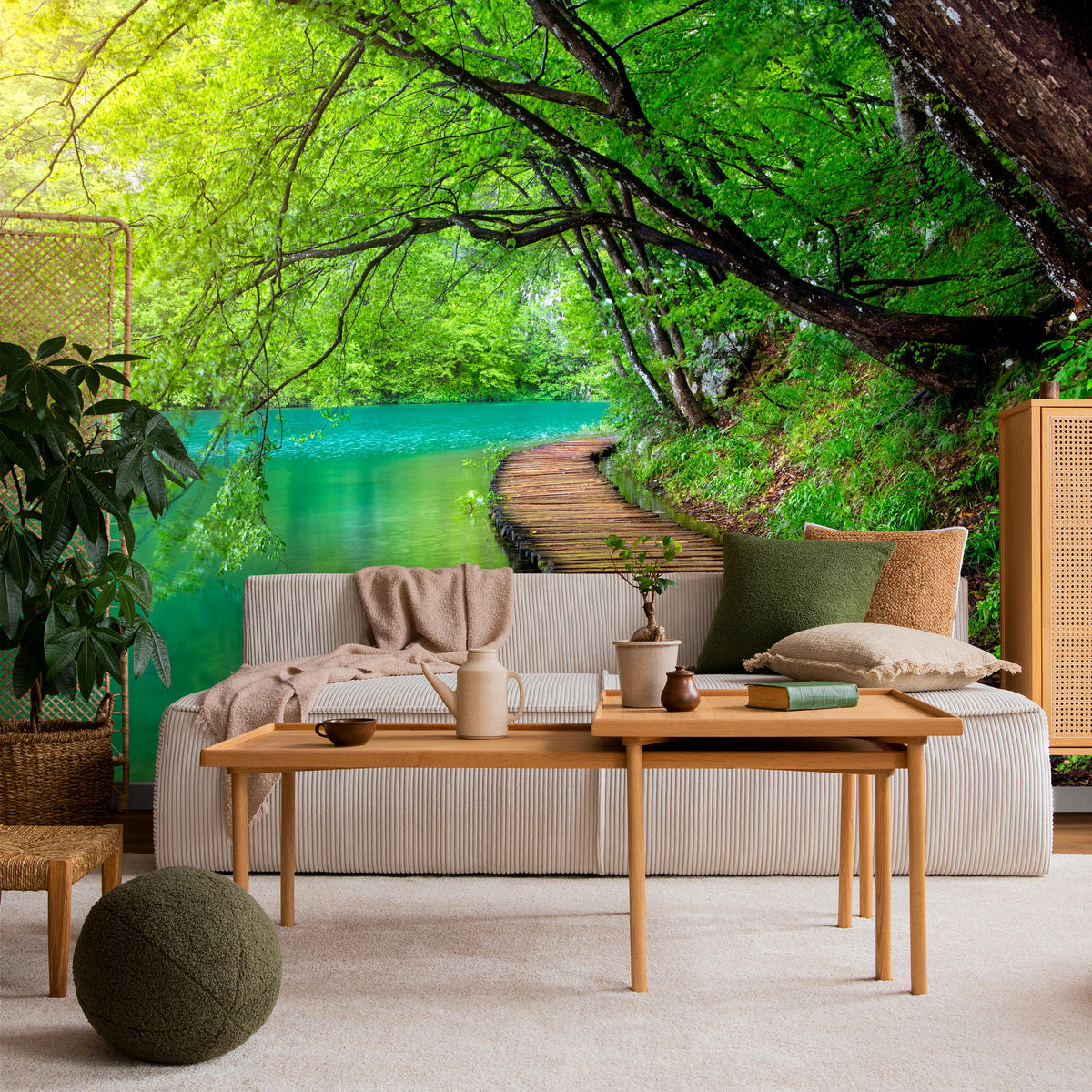 FOTOTAPETE für Wohnzimmer Holzsteg See Bäume Pflanzen Natur 350x256 - Türkis/Braun, Papier (350/256cm) - Muralo