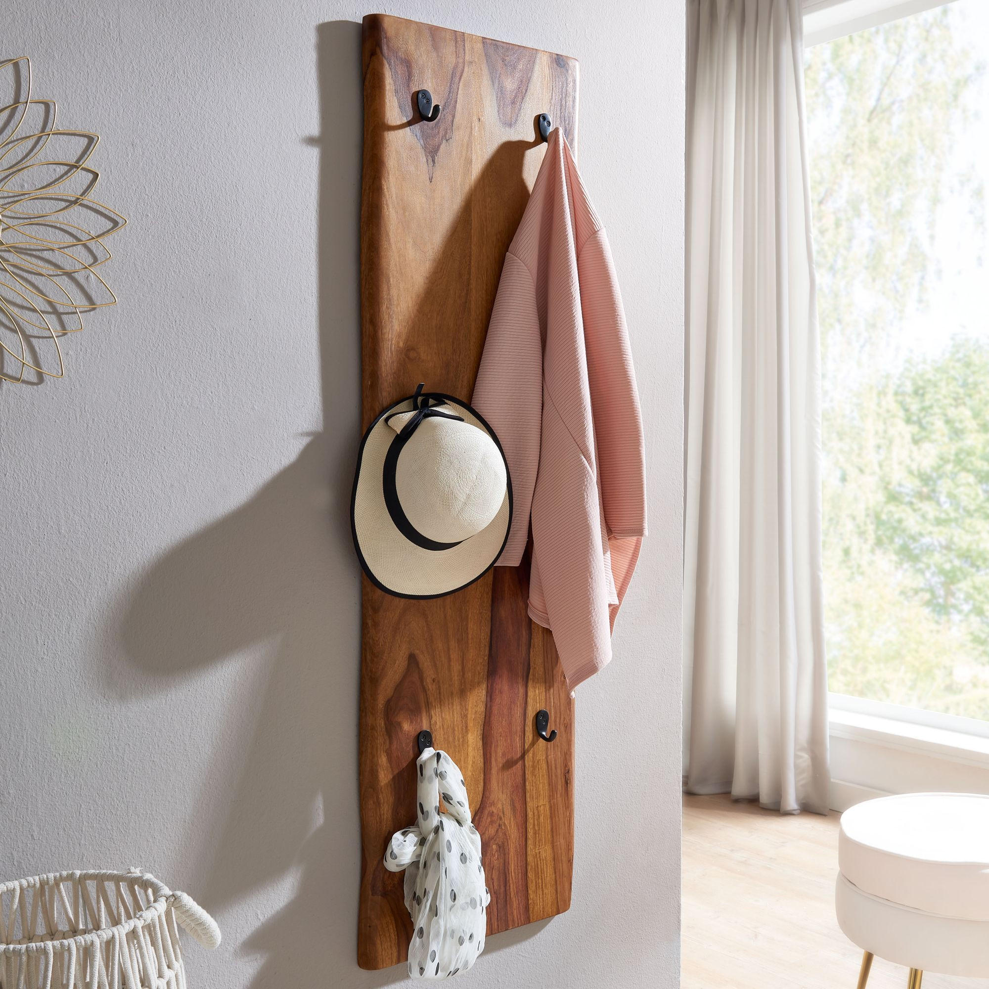 WANDGARDEROBE Massivholz Metall Modern mit Baumkante und 6 Haken - Braun, Holz (40/140/7cm) - KADIMA DESIGN