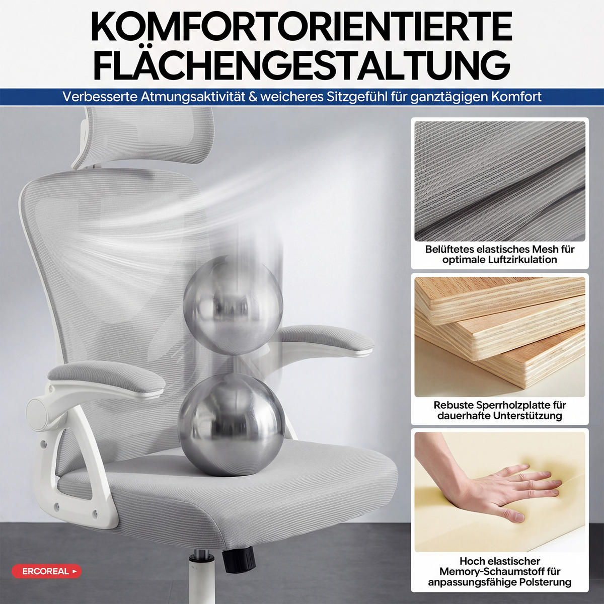 DREHSTUHL Gräulich-weiß mit Verstellbare Lendenwirbelstütze und 2D-Kopfstütze - Weiß, Kunststoff (63/114/68cm) - Oxeza
