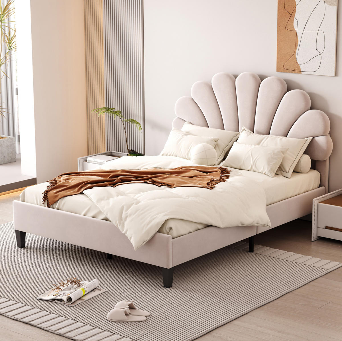POLSTERBETT 140/200 cm Beige mit blumenförmigem Kopfteil und Lattenrost - Beige, Textil (140/200cm) - OKWISH