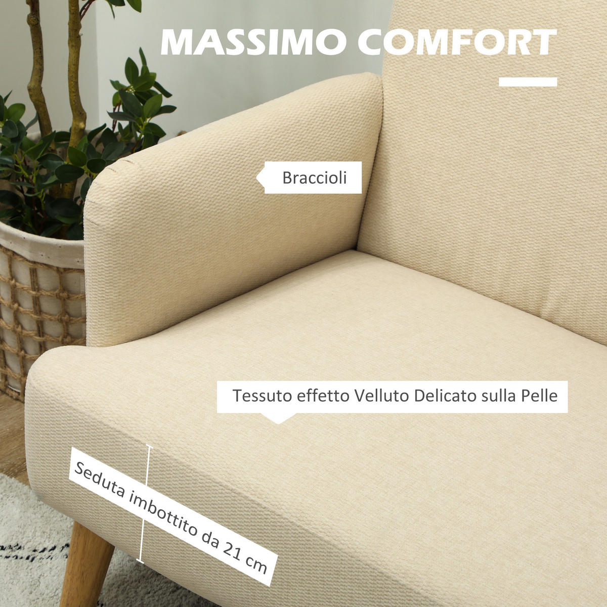 SOFA, 2-Sitzer, Samtoptik, dicke Polsterung, cremeweiß, 140x74x79cm - Multicolor, Holzwerkstoff (140/79/74cm) - FORIOUS