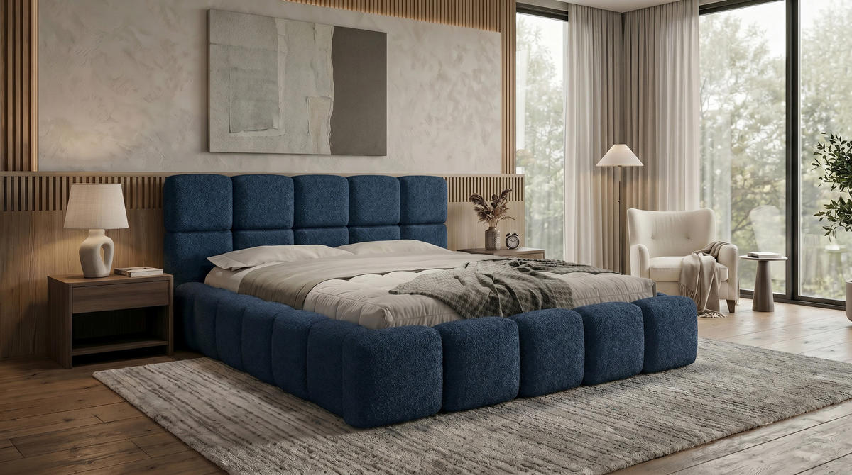 POLSTERBETT LOMBA 140x200 cm mit Bettkasten und Metall-Lattenrost – Bouclé Stoff Coral Dunkelblau - Dunkelblau, Textil (140/200cm) - Luxkor24