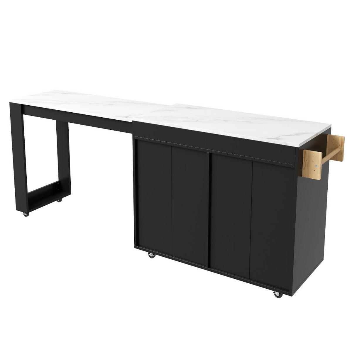 KÜCHENINSEL mit ausziehbarem Bartisch, Glastüren und Stauraum, Schwarz-Marmoroptik, 132,5-217/50/93 cm - Schwarz, Kunststoff (50/93/217cm) - Rolipo