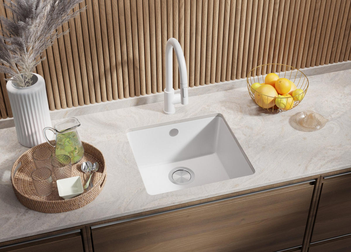 UNTERBAUSPÜLE GRANIT Venedig Easy, 2-er set Weiß 46/44 cm 1 Becken + Küchenarmatur 32/20 cm + Ablauf-Set ab 50er Unterschrank - Chromfarben/Weiß, Kunststoff (46/20/44cm) - Primagran
