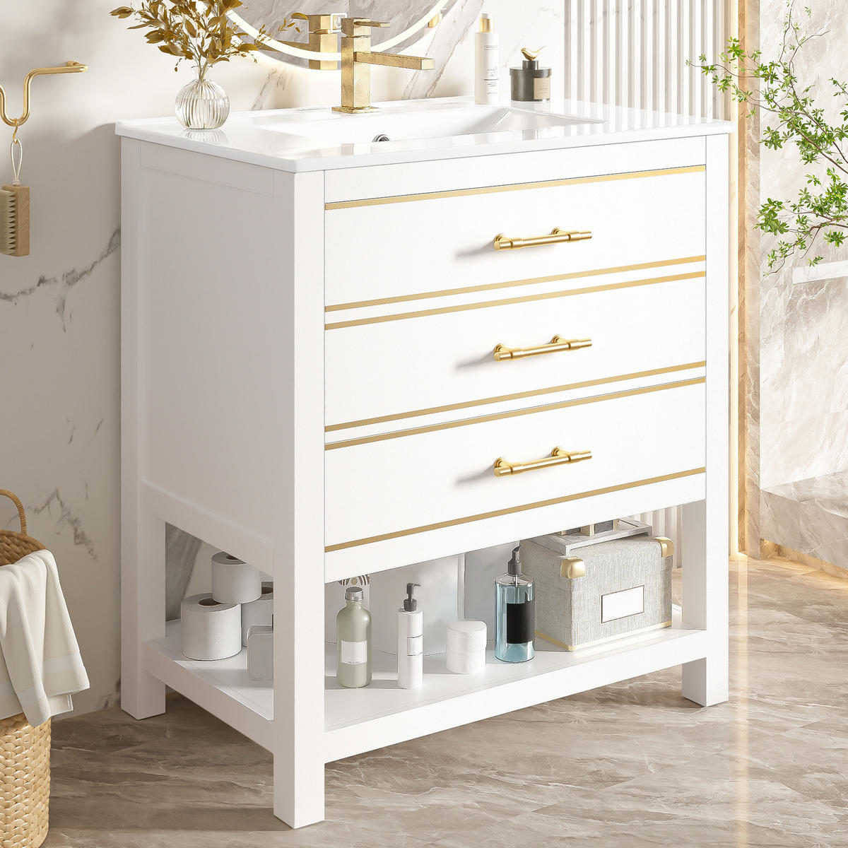 WASCHTISCH mit Keramikbecken 76 cm Weiß Gold - Weiß, Holzwerkstoff (46.5/86/76cm) - Beauniv