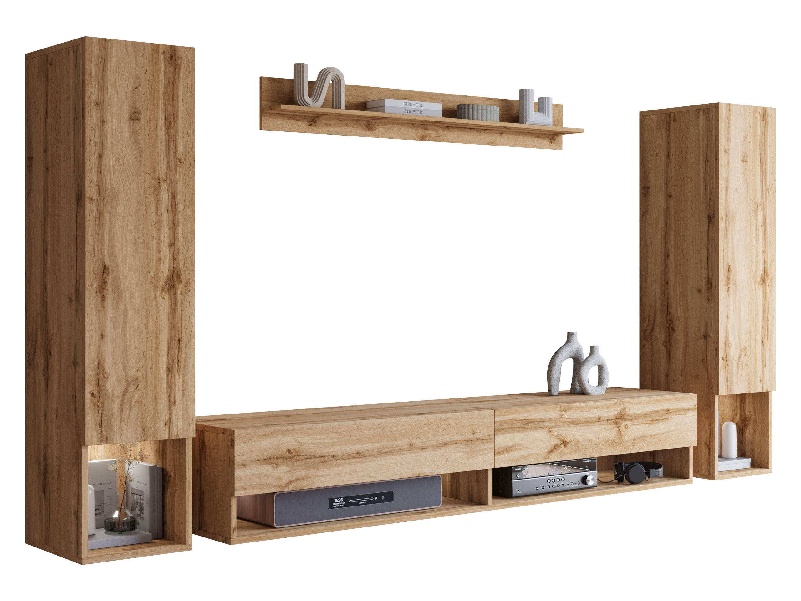WOHNWAND Amadeo II mit weißer LED Beleuchtung - Eiche Wotan, Holzwerkstoff (30/130/33cm) - MIRJAN24