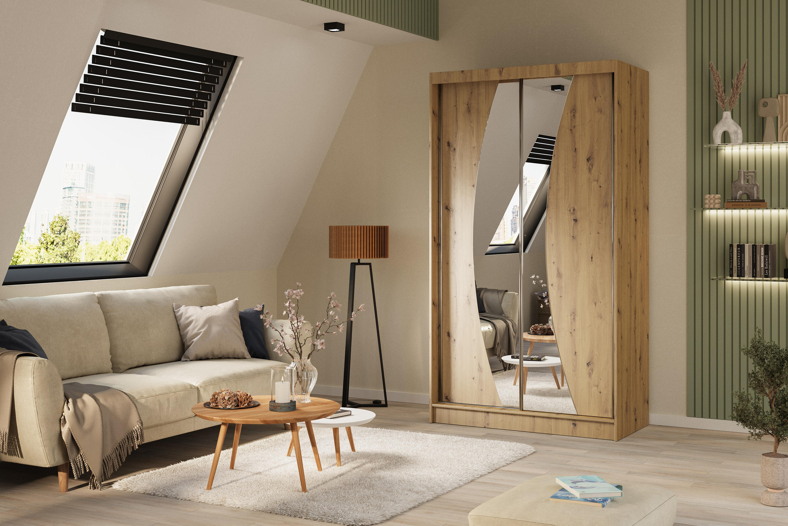 KLEIDERSCHRANK mit Spiegel-Schiebetüren und Aluminium-Leisten - VOXI - 120 cm Eiche Artisan - Eiche Artisan, Holzwerkstoff (120/216/61cm) - ALTDECOR