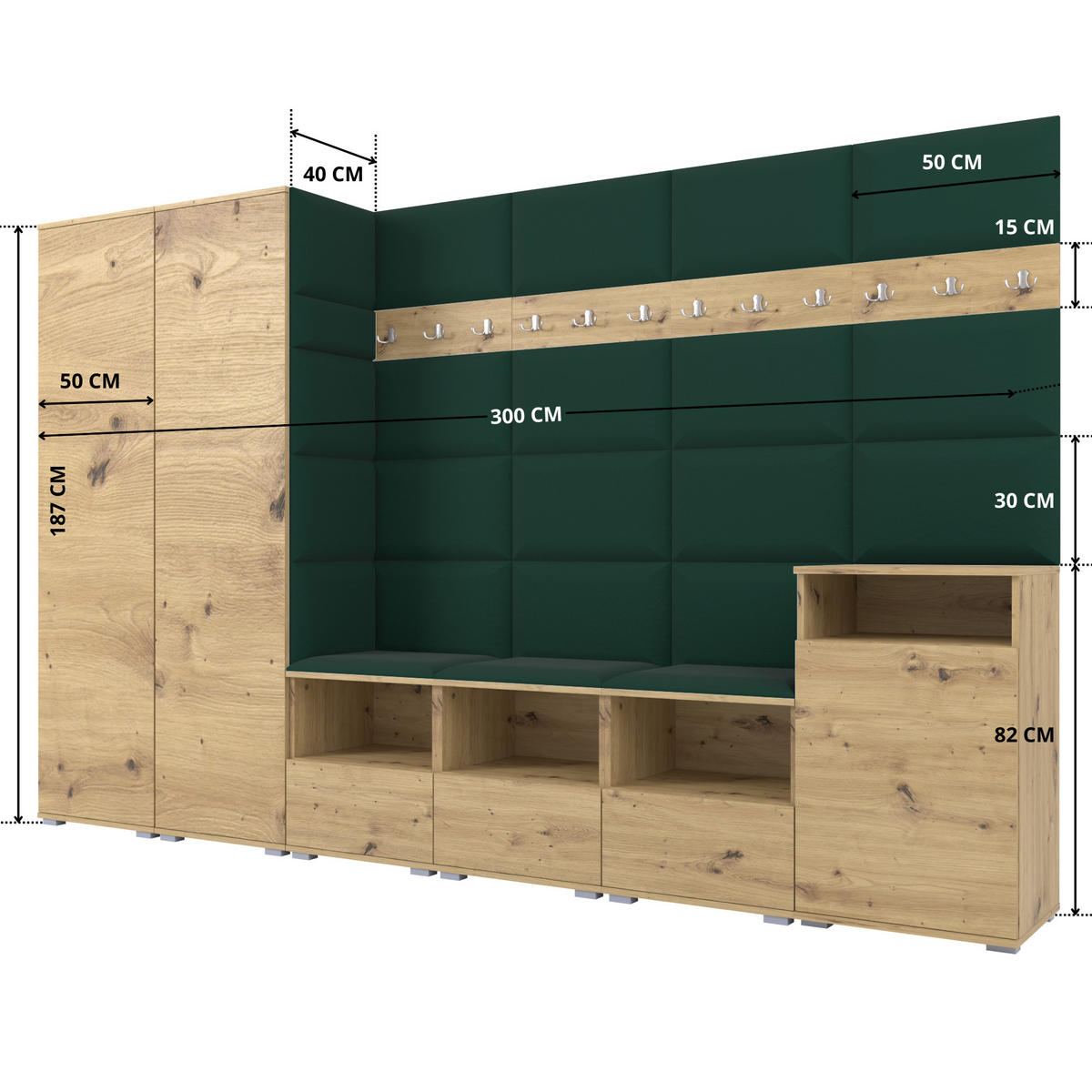 GARDEROBE NELA XII 300 cm (Modulare Flurmöbel Artisan Eiche mit Sitzpolster Flaschengrün 28 Gigantisches Set) - Dunkelgrün/Silberfarben, Holz/Holzwerkstoff (300/187/40cm) - Ravio