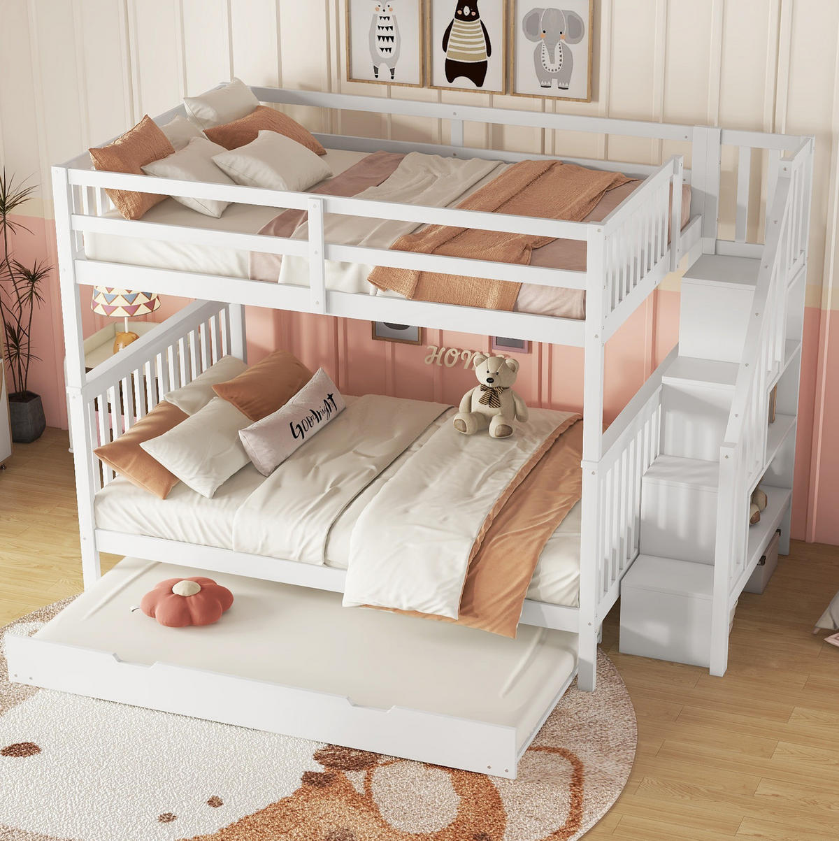ETAGENBETT aus Kiefer und MDF 140x200 cm Weiß mit Treppenregal, ausziehbarem Rollbett und hohem Geländer - Weiß, Holzwerkstoff (140/200cm) - Modfu