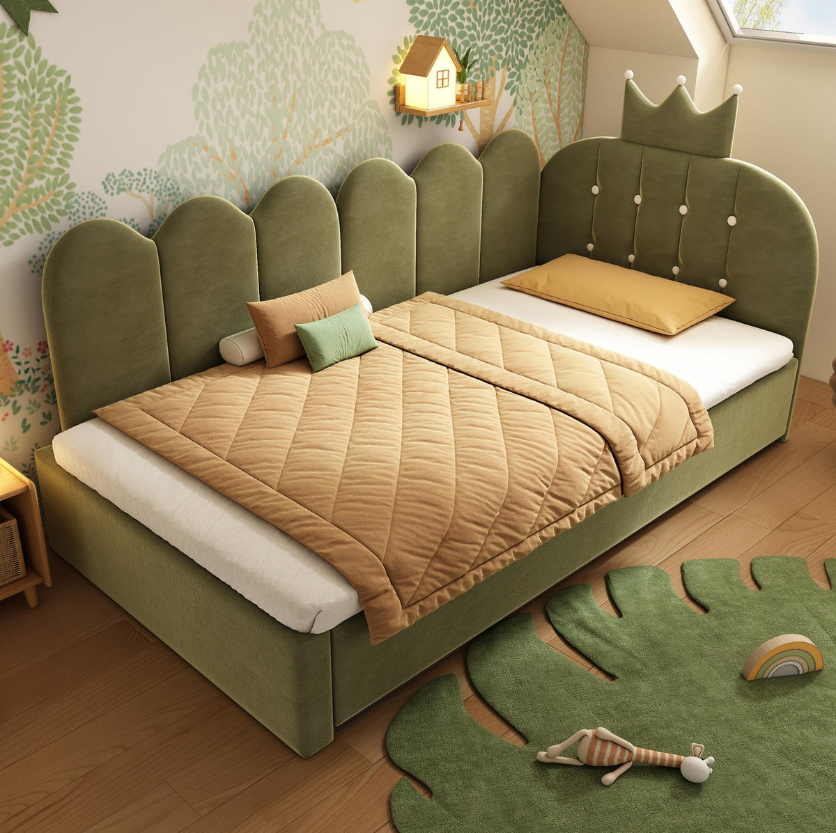 BETT mit Ausziehbett 90x200 cm Samt Grün - Grün, Holzwerkstoff (90/200cm) - Beauniv