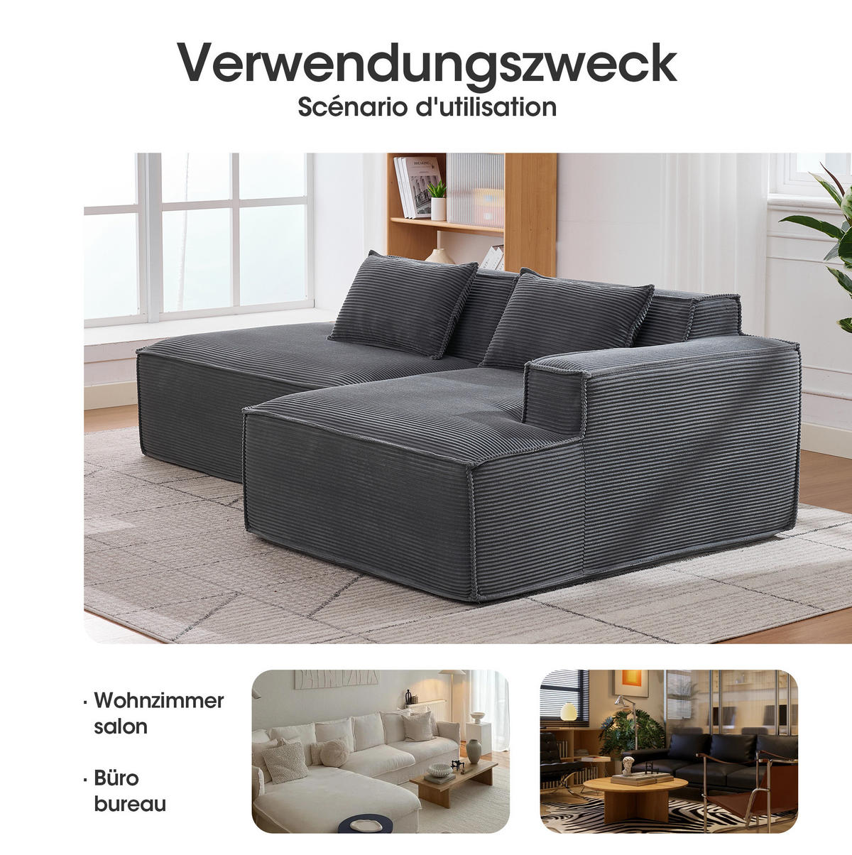 ECKSOFA aus Polyester 235 cm Grau mit Federkern und hochdichter Polsterung, kompakt und pflegeleicht - Grau, Textil (235/129cm) - Modfu