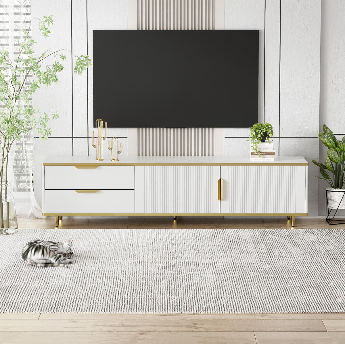 TV-SCHRANK in Weiß und Gold mit 2 Schubladen und 2 Türen 175/40/45 cm - Weiß, Holzwerkstoff (175/45/40cm) - Redom