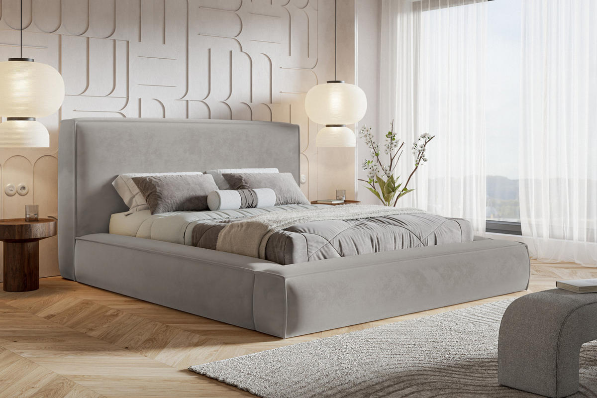 POLSTERBETT 160x200 Karano, Dicker Schaum, Bettkasten, Samt, Hellgrau - Hellgrau, Holz/Textil (160/200cm) - Emporius