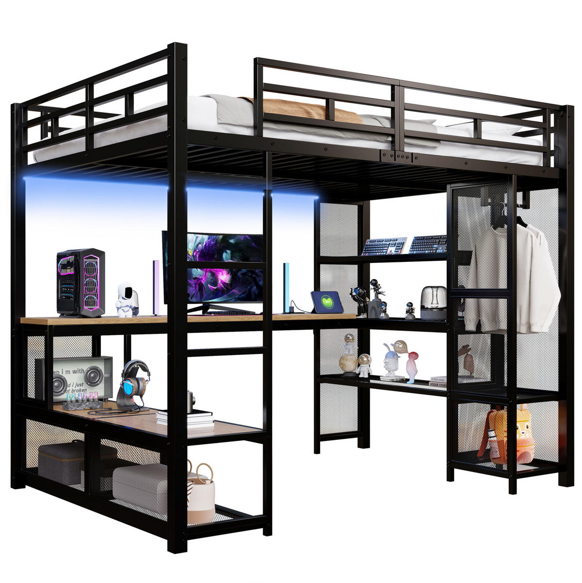 HOCHBETT 140/200 cm aus Metall und MDF mit Schreibtisch Kleiderschrank USB und LED Schwarz - Schwarz, Holzwerkstoff (140/200cm) - Modenvie