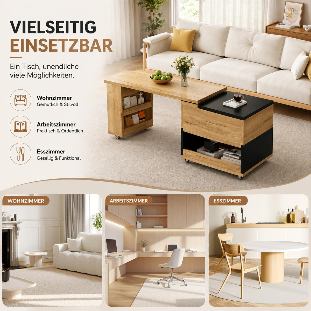 COUCHTISCH 360° drehbar mit Liftfunktion, Stauraum/Rollen, ausziehbar, - Eichefarben/Schwarz, Holz/Kunststoff (50/120/55cm) - LVHOM