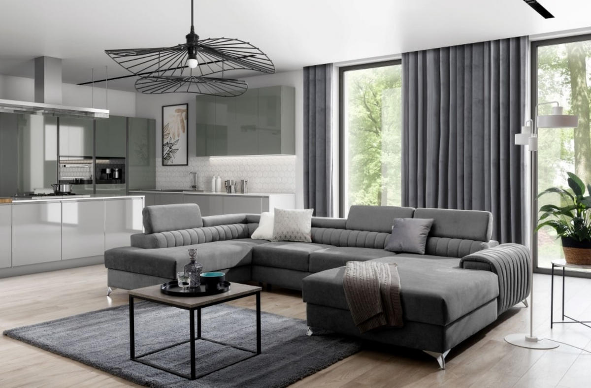 WOHNLANDSCHAFT mit Schlaffunktion und Bettkasten - Chromfarben/Dunkelgrau, Textil/Metall (354/92/202cm) - Eltap