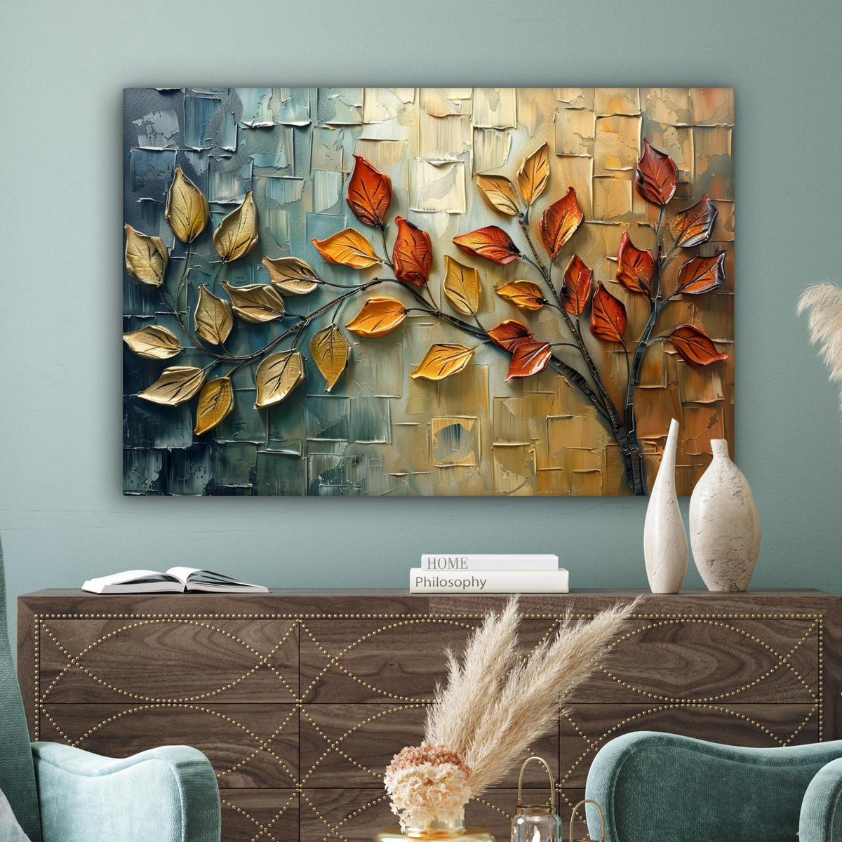 LEINWANDBILD Baum - Abstrakt - Natur - Kunst Wohnzimmer Groß 120x80 cm - Goldfarben, Textil (120/80cm) - MuchoWow