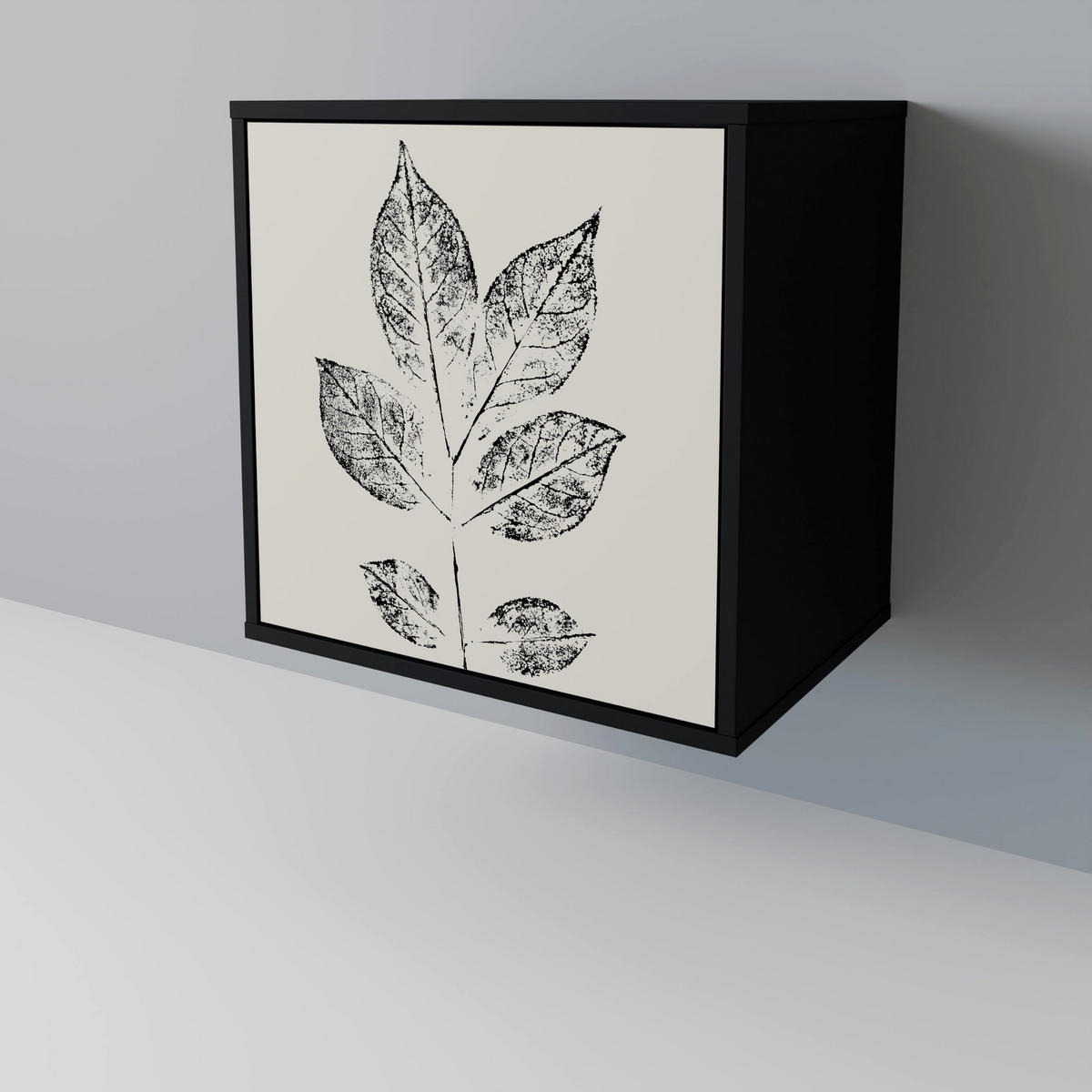 SIDEBOARD LEAFY STAMPS, Schwarz, 57,5x42x67,5 cm, Schwarze Metall-Rahmenfüße - Multicolor/Schwarz, Holzwerkstoff/Metall (57.5/67.5/42cm) - SpaceRebels