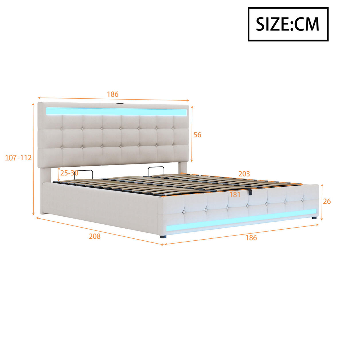 POLSTERBETT aus Leinenstoff 180x200 cm in Beige mit RGB-LED & 2 USB-Anschlüssen - Beige, Textil (180/200cm) - Modfu