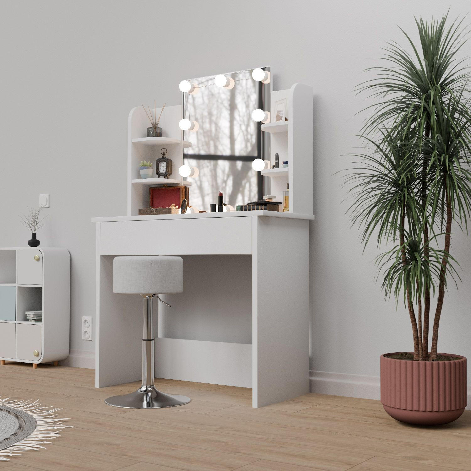 SCHMINKTISCH Zoey LED-Beleuchtung & Hocker Tonia - Weiß, Holz (40/140/90cm) - Juskys