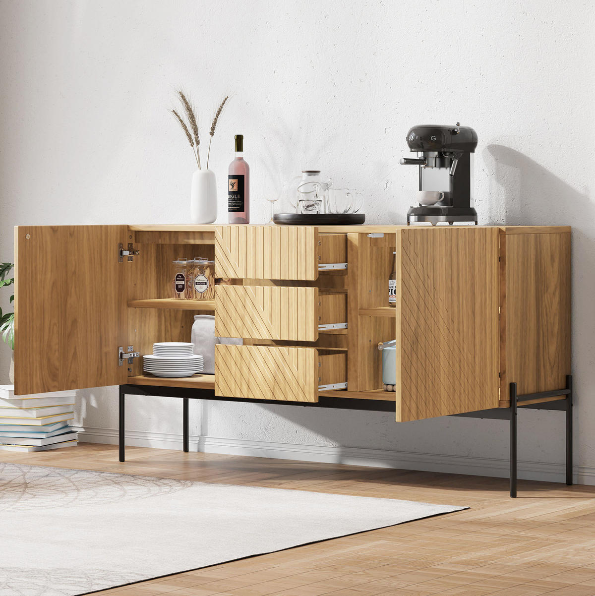 SIDEBOARD 140/40/75 cm mit 2 Türen, 3 Schubladen und Metallbeinen - Naturfarben, Holzwerkstoff (140/75/40cm) - BEAOK