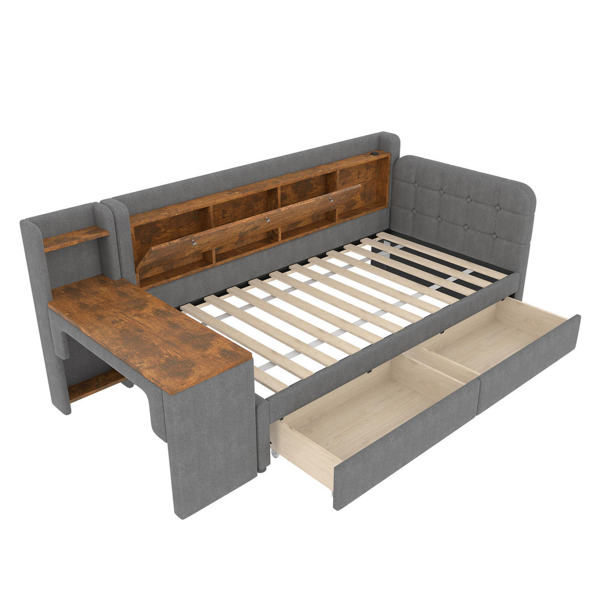 POLSTERBETT 90/200 cm Grau mit 2 Schubladen, Schreibtisch und USB - Grau, Textil (90/200cm) - Flora Grace