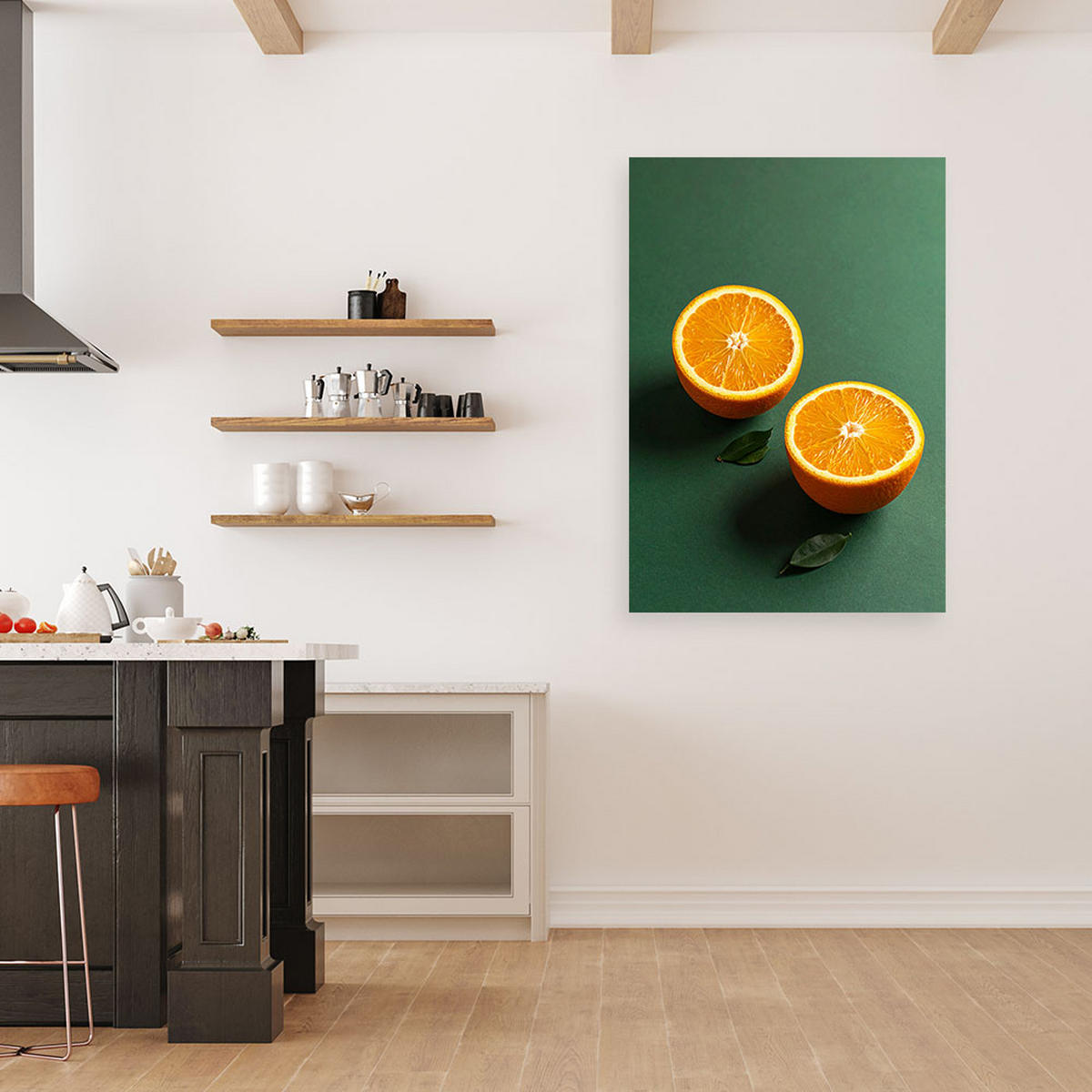 WANDBILD, Zwei Orangenhälften auf dunkelgrünem Hintergrund - Grün, Textil (70/100cm) - Feeby