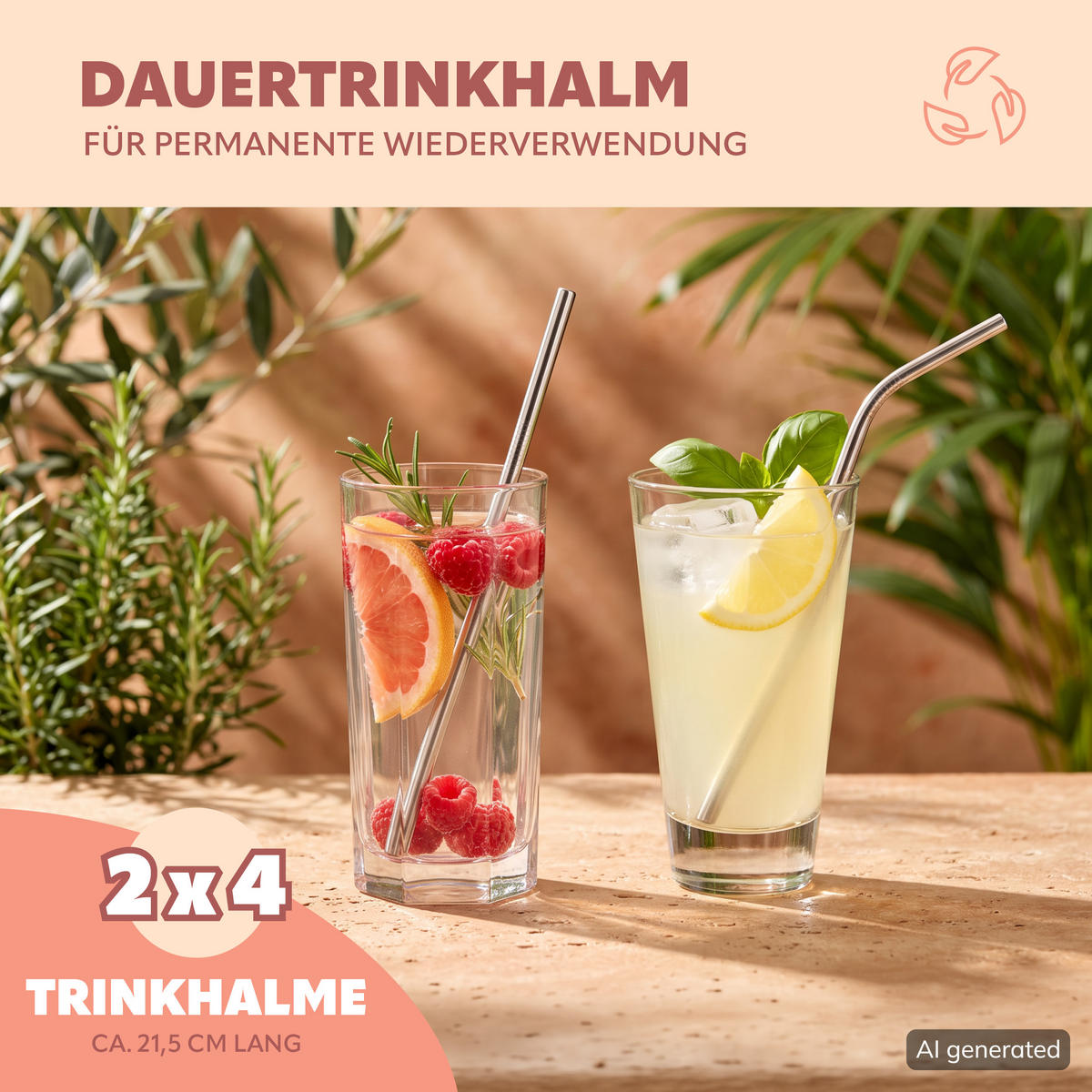 TRINKHALME, Edelstahl, 8er-Set, gerade & gebogen - Edelstahlfarben, Metall (0.6/21.5cm) - bremermann