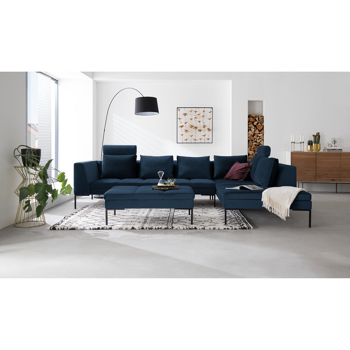 ECKSOFA mit Ottomane - Schwarz/Dunkelblau, Textil/Metall (319/230cm) - home24