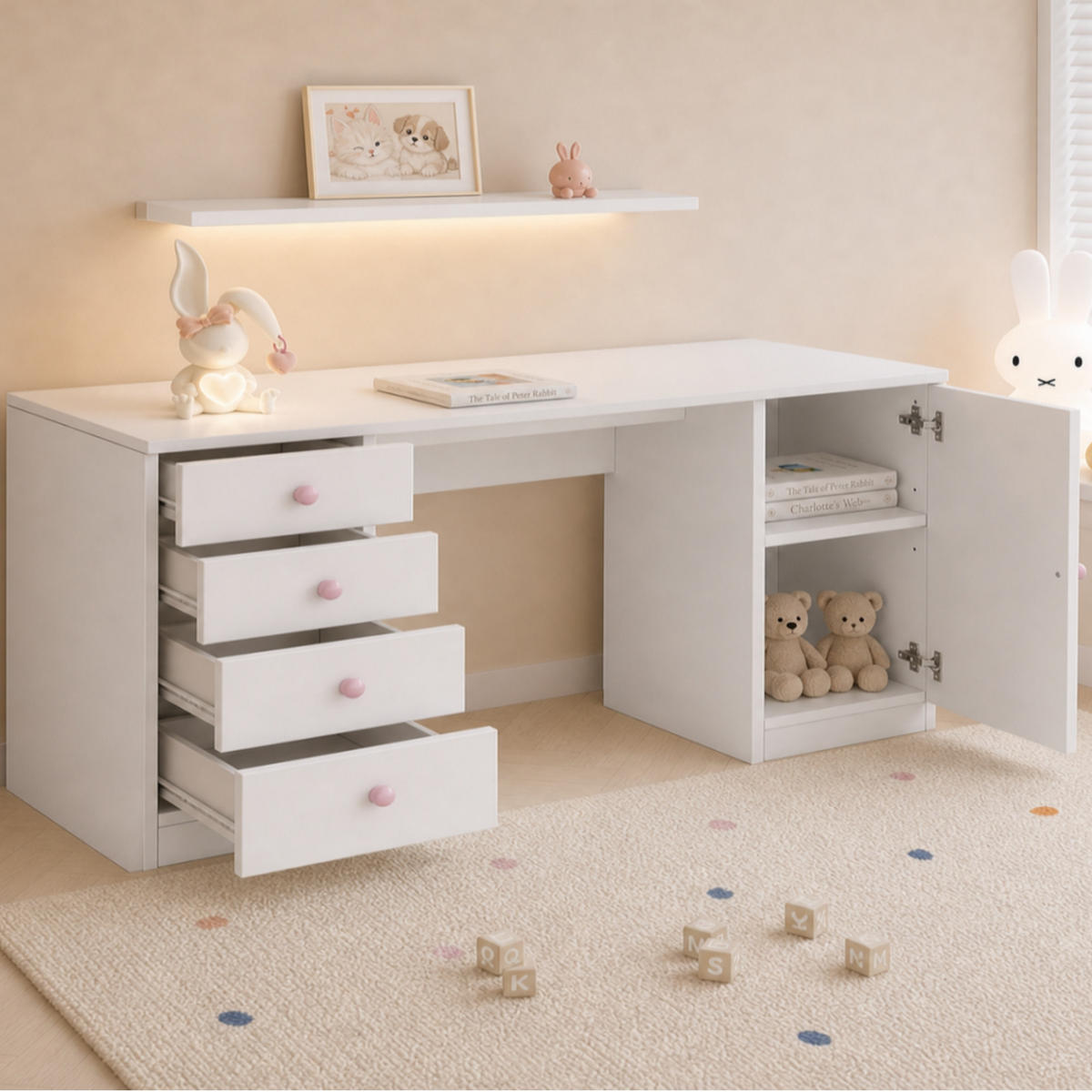 RADNI STOL 155/45/75 cm s 4 ladice, policom i keramičkim ručkama u bijeloj boji - bijela/prirodne boje, drvni materijal (155/75/45cm) - CHICFURN