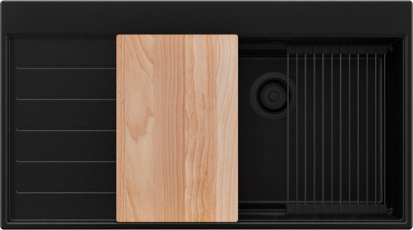 SPÜLBECKEN Sydney, 2-er set Alles Schwarz 90/50 cm 1 Becken + Ablauf-Set + Küchenzubehörset ab 60er Unterschrank - Beige/Schwarz, Kunststoff (90/20/50cm) - Primagran