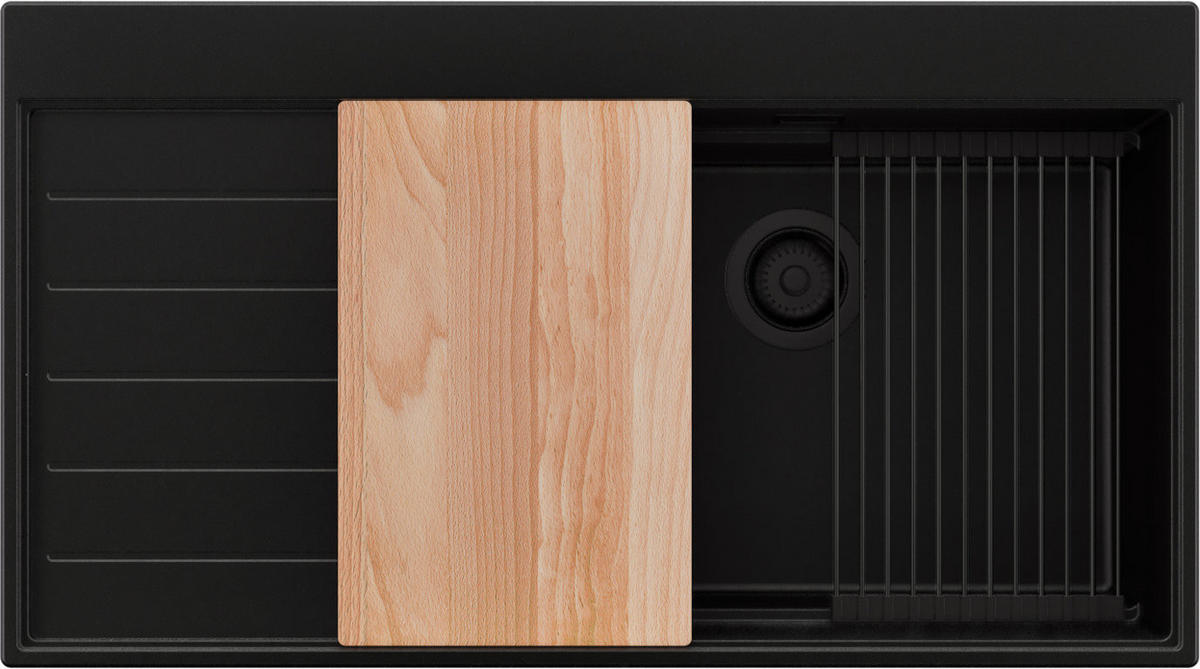 SPÜLBECKEN Sydney, 2-er set Alles Schwarz 90/50 cm 1 Becken + Ablauf-Set + Küchenzubehörset ab 60er Unterschrank - Beige/Schwarz, Kunststoff (90/20/50cm) - Primagran