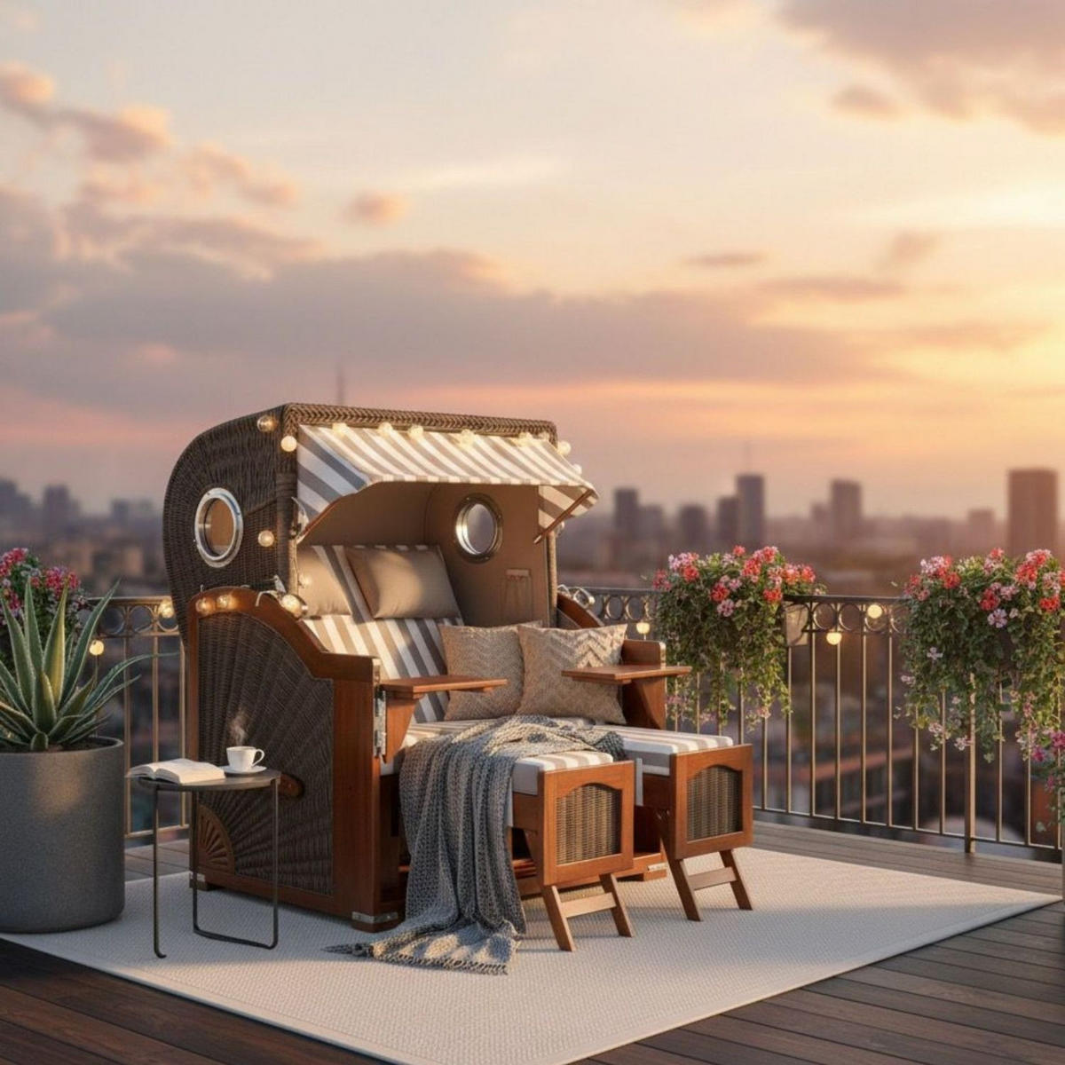 STRANDKORB Komplettset: Ammersee Grande XL Mahagoni Bullauge - PE grau - Modell 513 - Weiß/Grau, Holz/Kunststoff (142/165/95cm) - bene living