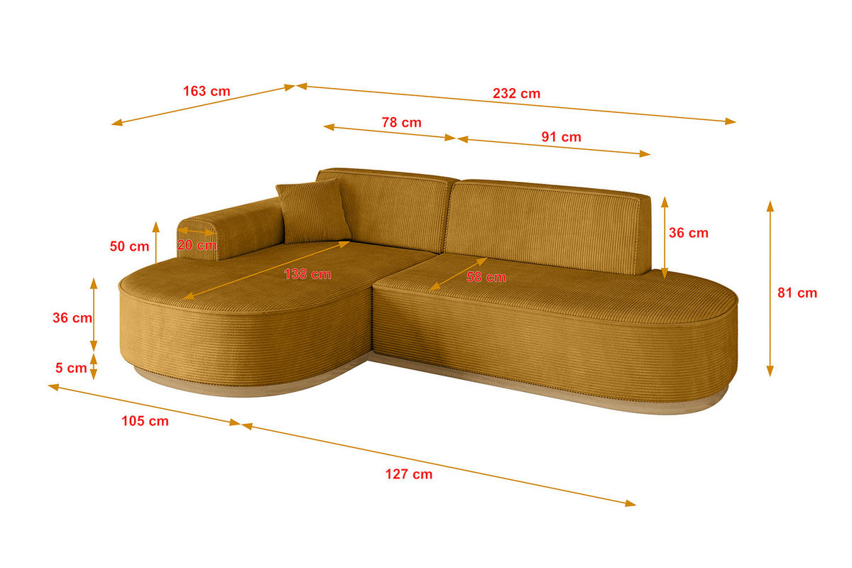 ECKSOFA Ottomane Links MARI-L1-v2 - 243x171x83 cm Senfgelb Cord - Gelb, Holzwerkstoff/Textil (243/171cm) - ALTDECOR