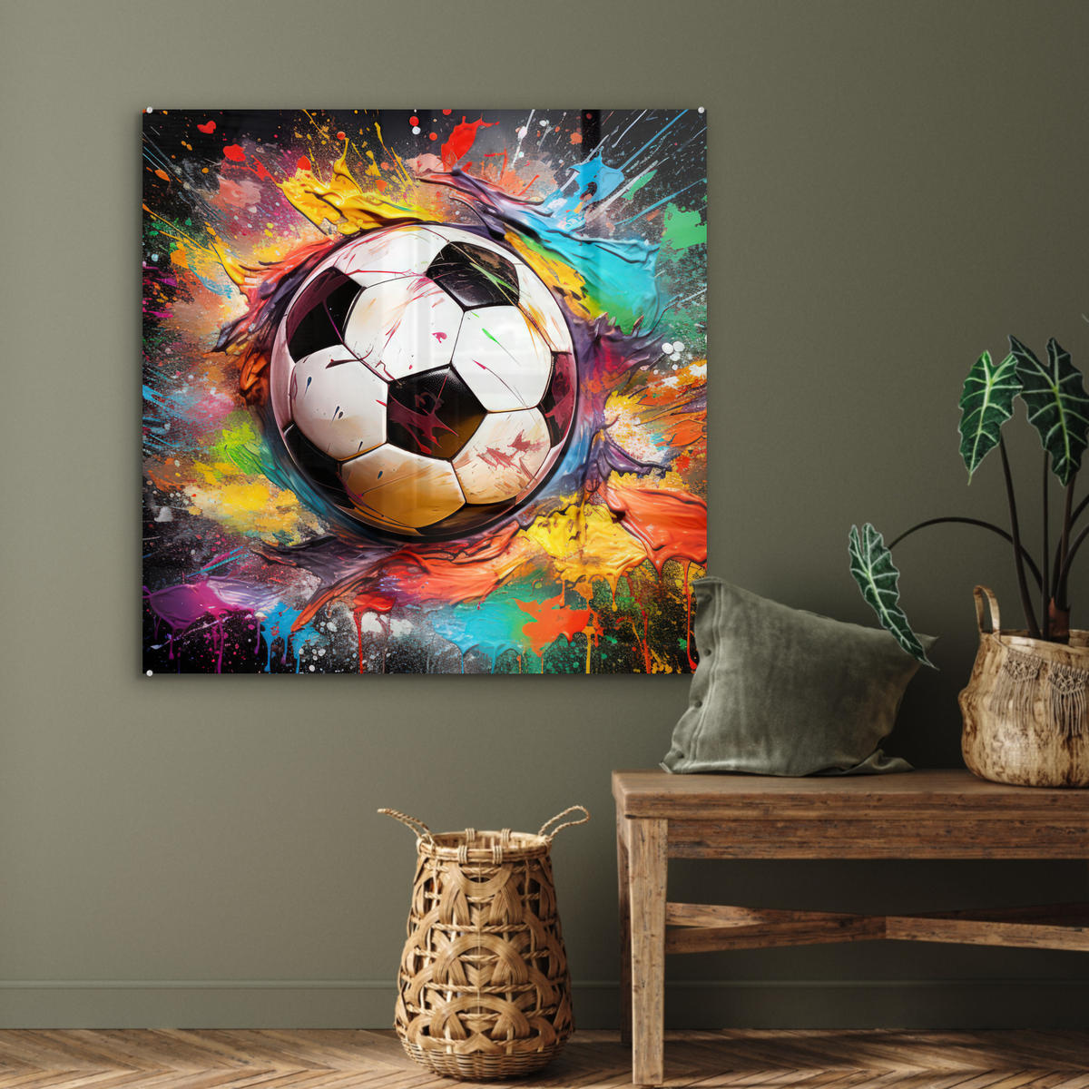 ACRYLGLASBILD Fußball - Farbe - Farben - Schwarz - Weiß 90x90 cm - Weiß, Glas (90/90cm) - MuchoWow
